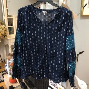 Sonoma Long Sleeve Navy Blue Tassel Peasant Boho Blouse Shirt Top